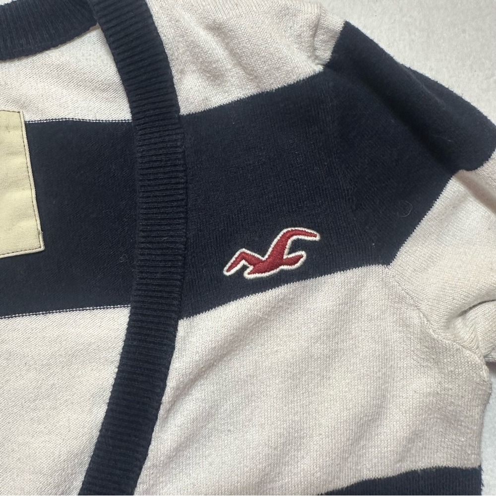 Y2K Hollister Navy White Stripe Cardigan V-Neck Women’s Medium Vintage - Picture 3 of 7